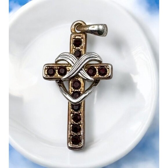 Vintage Faux Garnet Cross Pendant Gold Tone with Silver Tone Heart Design - Picture 1 of 6